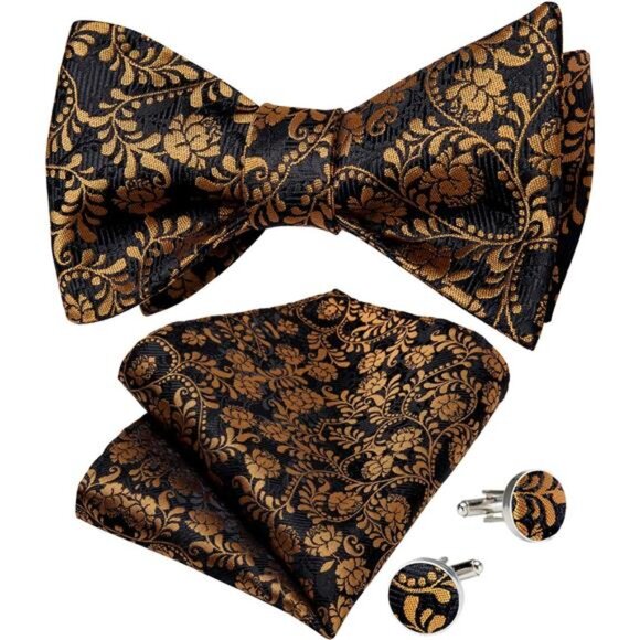 Men Bow Tie Paisley Striped 03 Black Gold - Picture 1 of 6